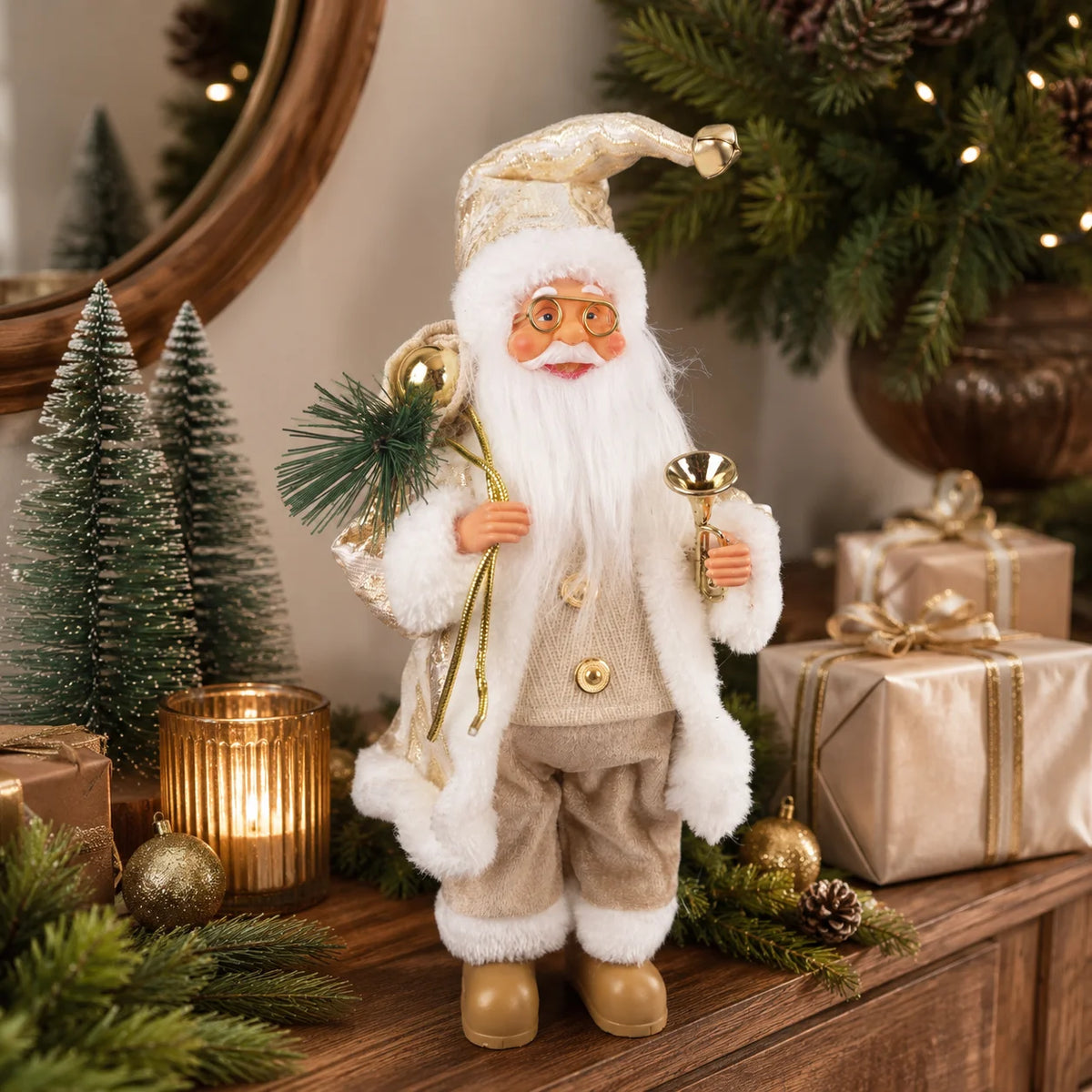 30cm gold Santa Claus Christmas figurine with gift sack