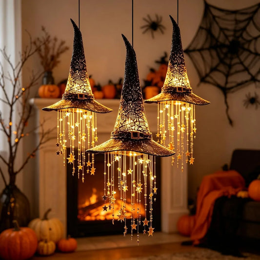 Lighted witch hat Halloween outdoor hanging decor