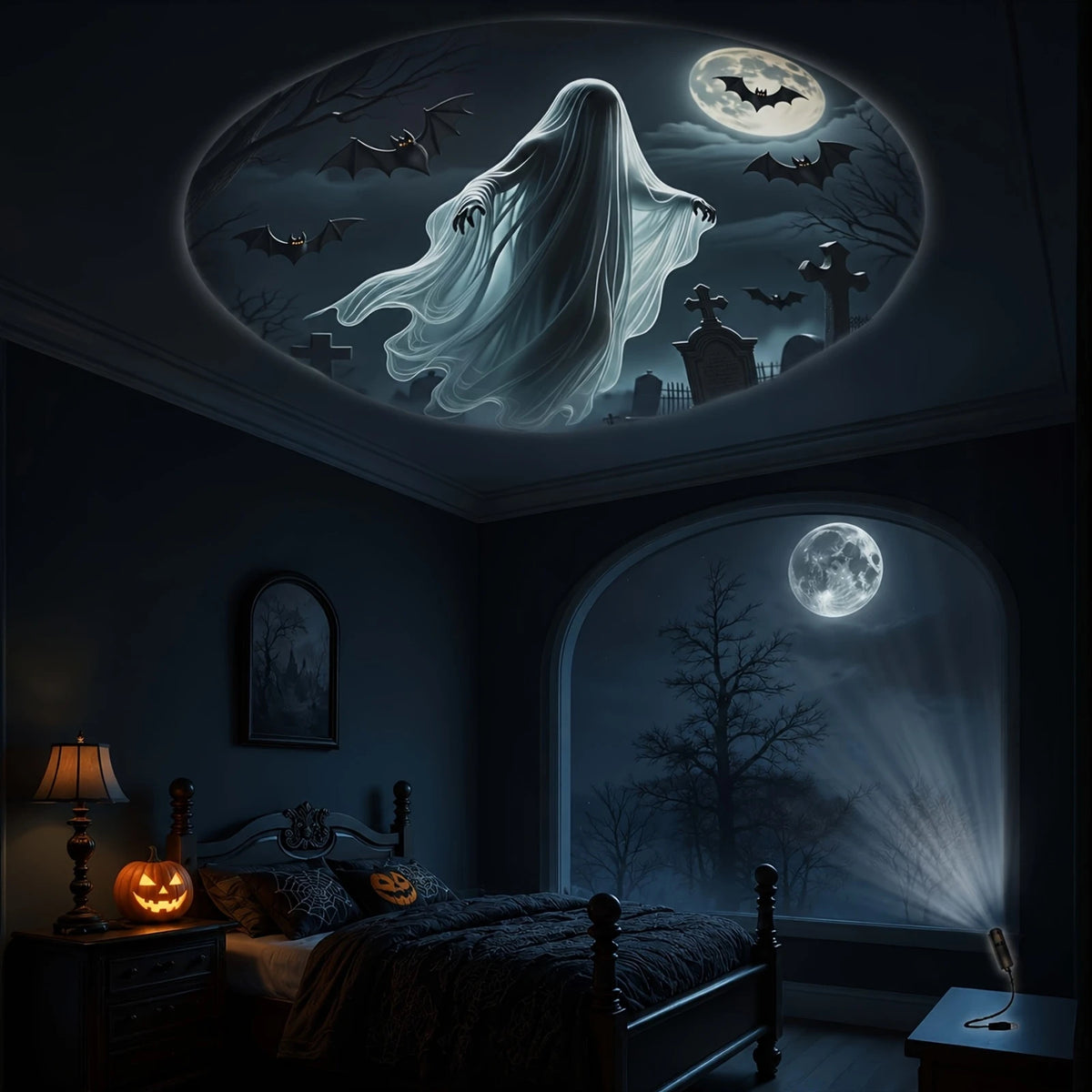 USB LED Halloween projection lamp with ghost and spider patterns