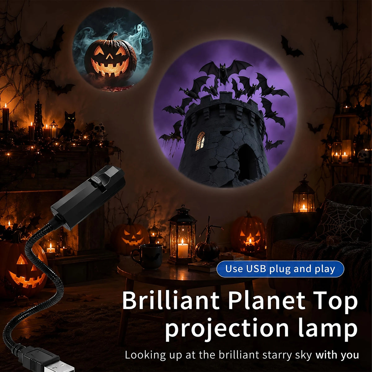 USB LED Halloween projection lamp with ghost and spider patterns
