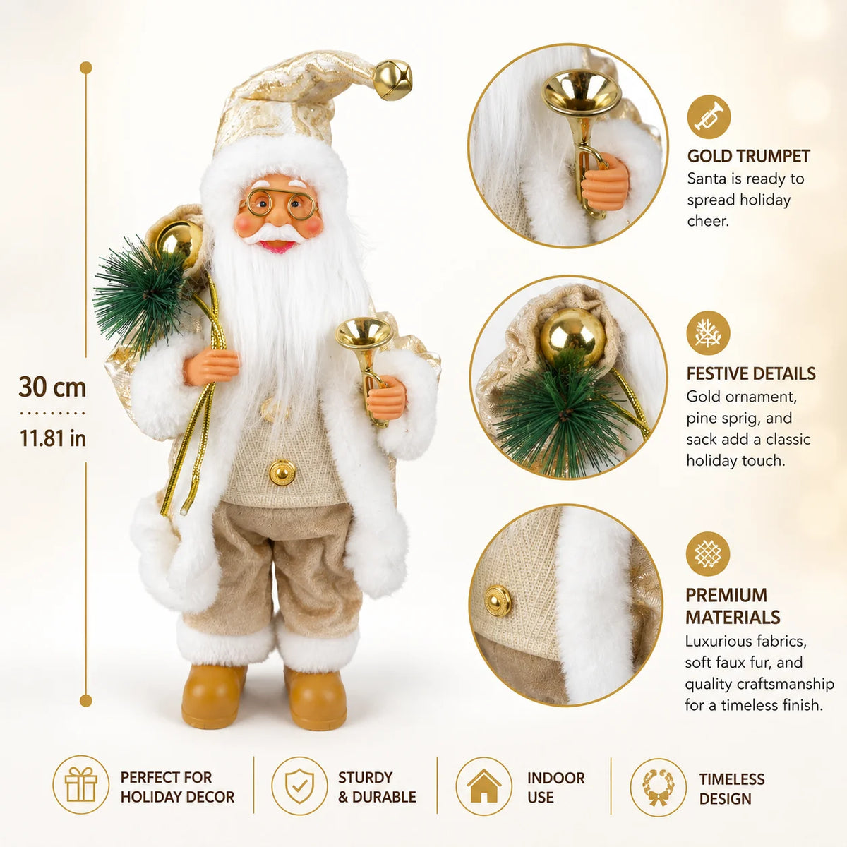 30cm gold Santa Claus Christmas figurine with gift sack