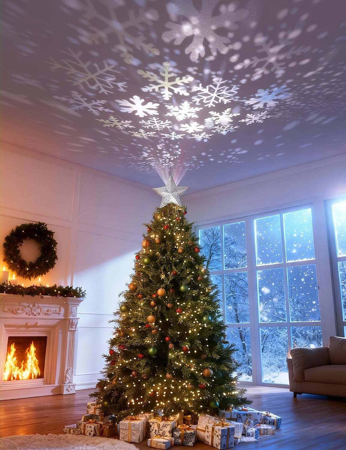 Lighted Snowflake Christmas Tree Topper with LED Projector