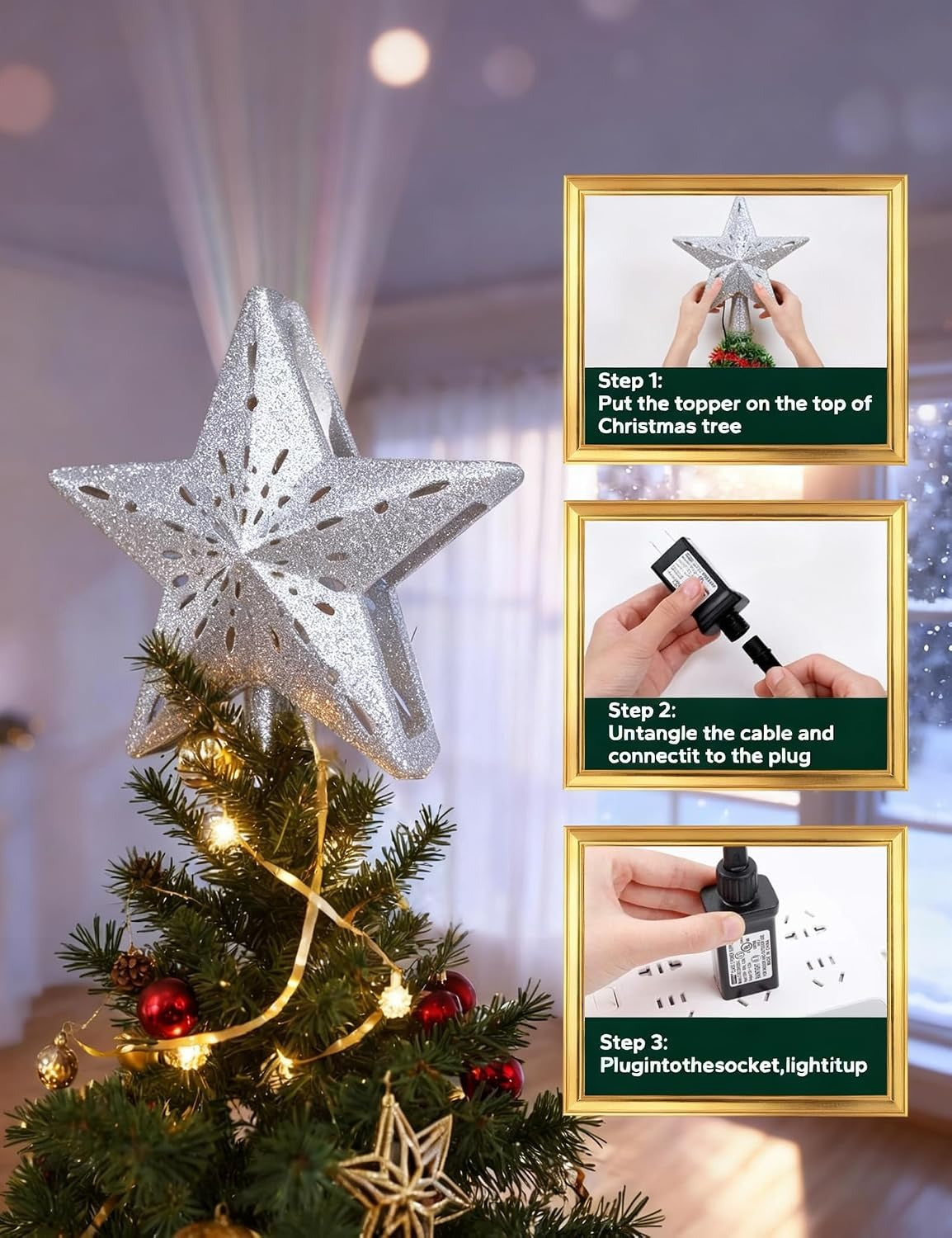 Lighted Snowflake Christmas Tree Topper with LED Projector